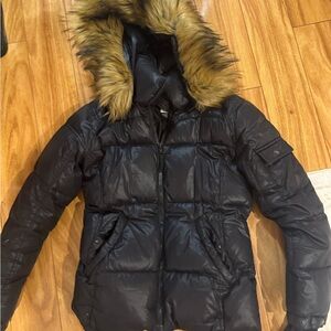 S13 Women's Black Puffer Jacket with Faux Fur Hood